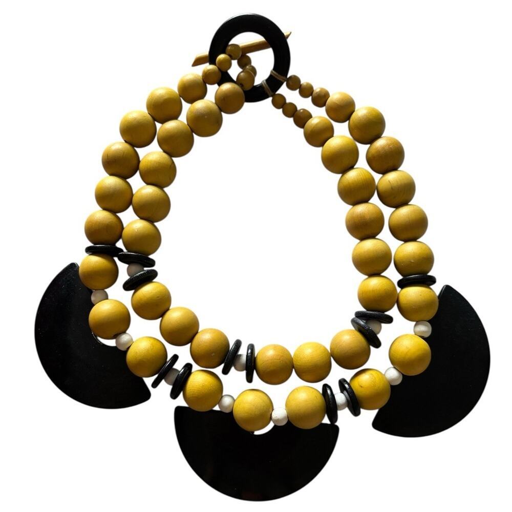 Chunky Vintage Beaded Statement Necklace Wooden Yellow Black Tribal Ethnic Boho